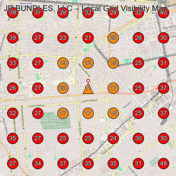 JB BUNDLES, LLC GeoGrid visibility map for Hair Salon in Brooklyn